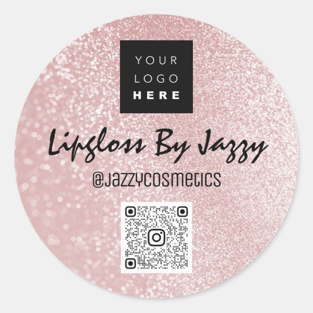 Adesivo Redondo Obrigado Business Packaging Rosa Glitter Código QR (Frente)