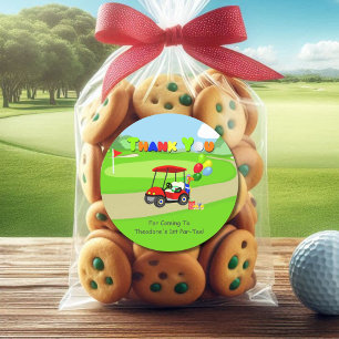 Adesivo Redondo Obrigado Carrinho de Golfe Vermelho de 1º Aniversá