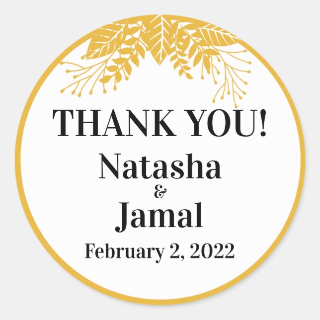 Adesivo Redondo Obrigado! Casamento de Folhas Amarelas de Mostarda (Frente)