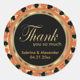 Adesivo Redondo Obrigado Casino Poker Chip em Laranja e Dourado