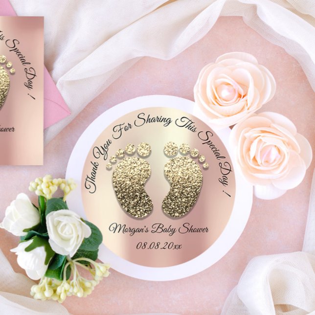 Adesivo Redondo Obrigado Chá de fraldas de rosa de Pés Glitter Dou (Rose Gold Glitter Feet Baby Shower Favor Thank Classic Round Sticker)