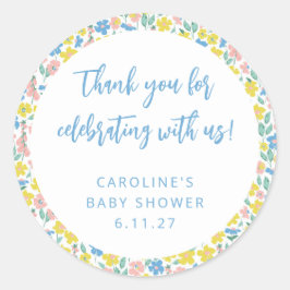 Adesivo Redondo Obrigado Chá de fraldas Personalizado Floral Amare