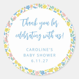 Adesivo Redondo Obrigado Chá de fraldas Personalizado Floral Amare
