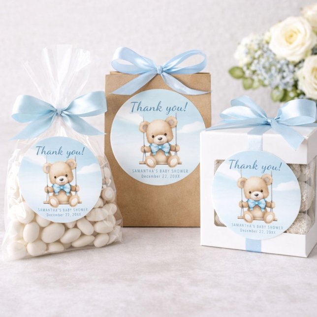 Adesivo Redondo Obrigado Chá de fraldas Teddy Bear Boy (Baby shower thank you stickers perfect for favor bags, treat boxes, and party giveaways)