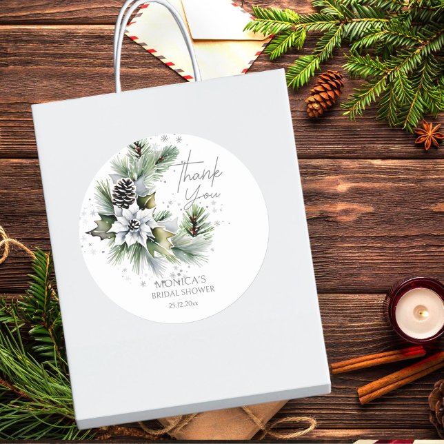 Adesivo Redondo Obrigado chá de panela de inverno modelo a favor (Winter bridal shower template thank you favor sticker elegant watercolor pines white poinsettia)