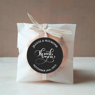 Adesivo Redondo Obrigado Chic Caligrafia Favor de Casamento Preto