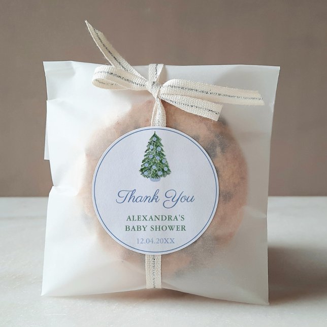 Adesivo Redondo Obrigado Chinoiserie Árvore de Natal Blue Favor (Blue And White Chinoiserie Holidays Tree Baby or Bridal Shower Thank You Favor Sticker)