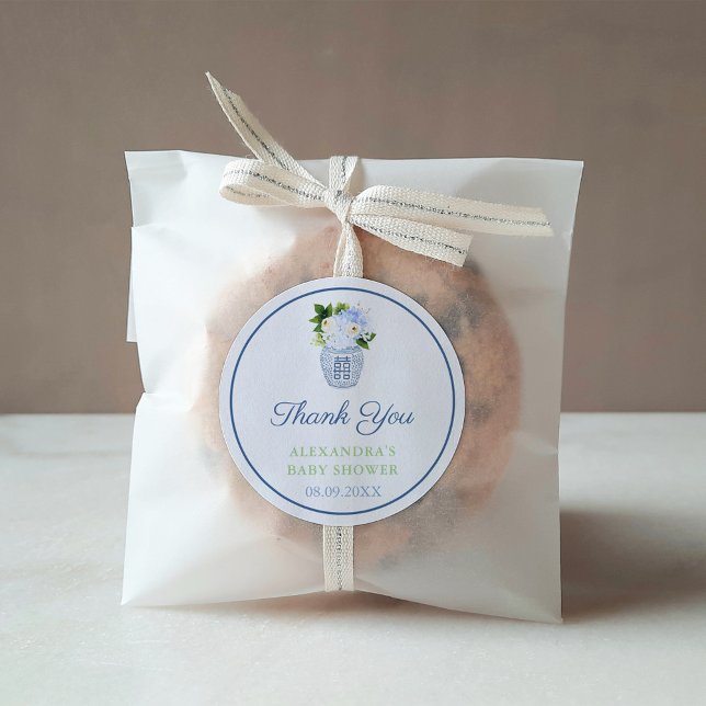 Adesivo Redondo Obrigado Chinoiserie Chic Blue Floral Favor (Chinoiserie Chic Navy Blue Chartreuse Green Baby Shower Favor or Bridal Shower Thank you sticker)