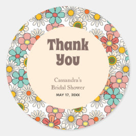 Adesivo Redondo Obrigado Chuveiro Nupcial Flor Retro Hippie Groovy