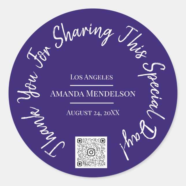 Adesivo Redondo Obrigado Código QR do Dia Especial Logo Azul (Frente)