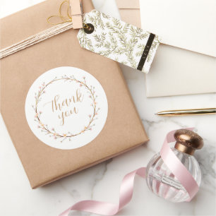 Adesivo Redondo Obrigado com Moldura Floral Minimalista em Aquarel