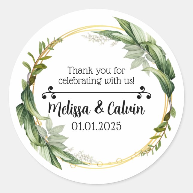 Adesivo Redondo Obrigado, comemorando conosco, presentes de casame (Frente)