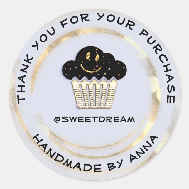 Adesivo Redondo Obrigado Comprando Chocolate Muffin Sorria Azul (Frente)