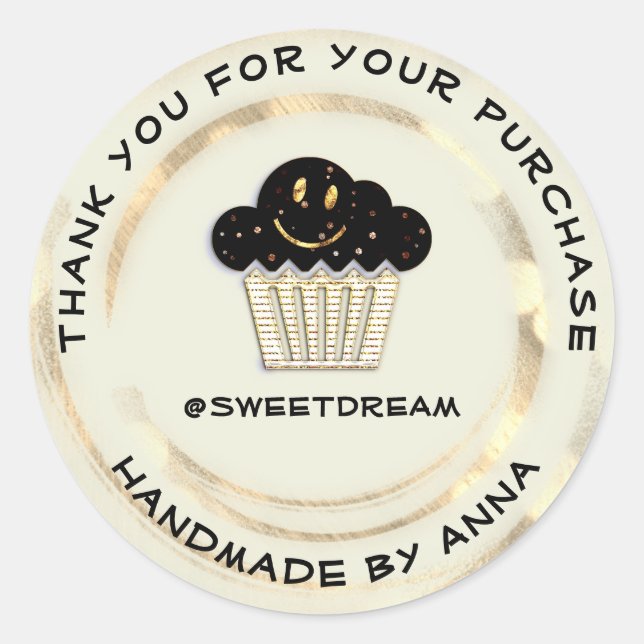 Adesivo Redondo Obrigado Comprando Chocolate Muffin Sorria Dourada (Frente)