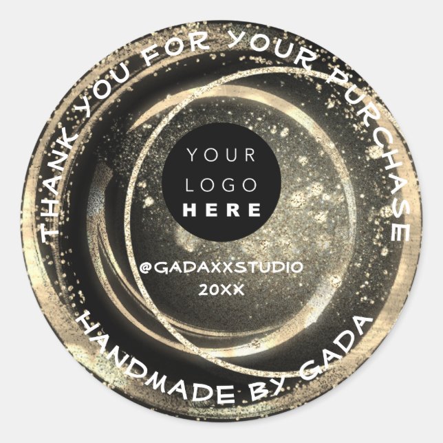 Adesivo Redondo Obrigado Comprando o logotipo feito à mão preto (Frente)