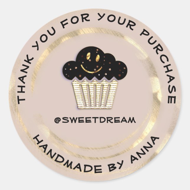 Adesivo Redondo Obrigado Compre Chocolate Muffin Kraft Sorri Rosa (Frente)