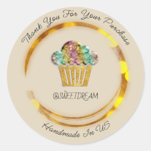 Adesivo Redondo Obrigado Compre Chocolate Muffin Logotipo Ouro Sor
