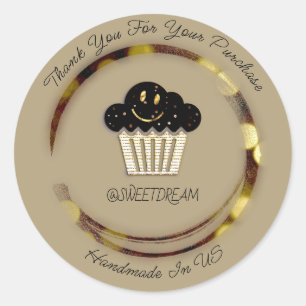 Adesivo Redondo Obrigado Compre Chocolate Muffin Mostarda Ouro Sor
