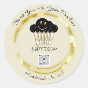 Adesivo Redondo Obrigado Compre Chocolate Muffin QR CODEGold Sorri