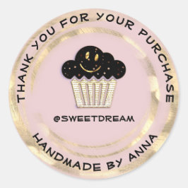 Adesivo Redondo Obrigado Compre Chocolate Muffin Sorria Dourada Pó