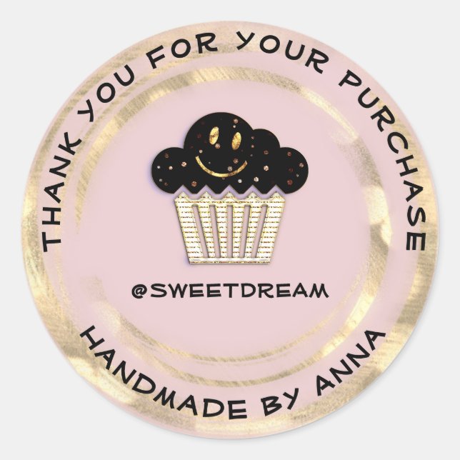 Adesivo Redondo Obrigado Compre Chocolate Muffin Sorria Dourada Pó (Frente)