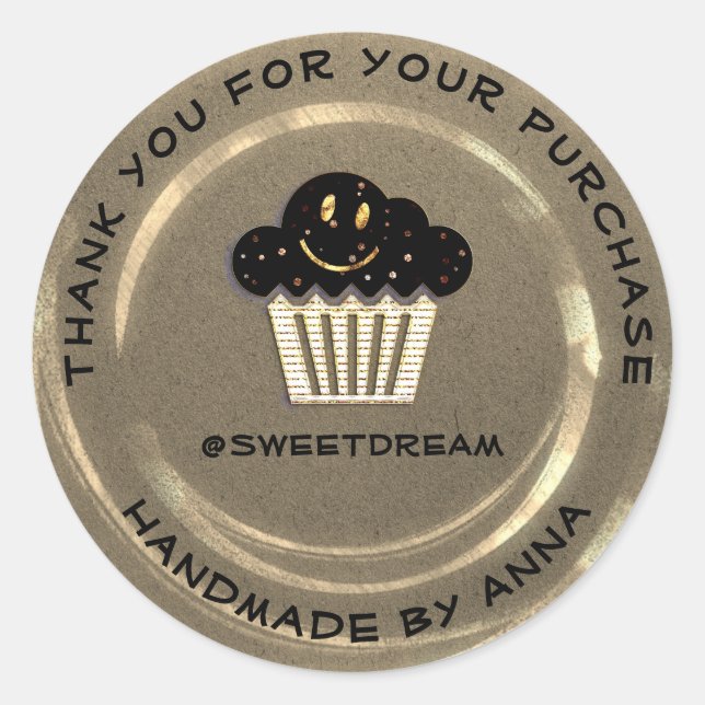 Adesivo Redondo Obrigado Compre Mermaid Muffin Kraft Ouro sorriso (Frente)