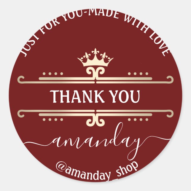 Adesivo Redondo Obrigado Compro Web Boutique Coroa Real Dourada (Frente)