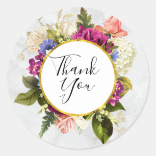 Adesivo Redondo Obrigado cor-de-rosa & branco moderno das flores