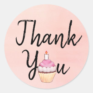 Adesivo Redondo Obrigado cor-de-rosa da aguarela você cupcake
