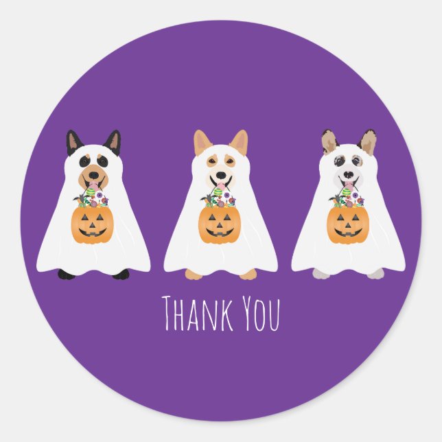 Adesivo Redondo Obrigado Corgi Ghost Dogs Halloween (Frente)