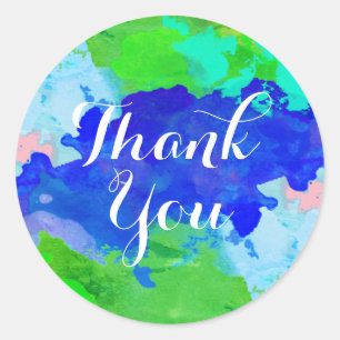 Adesivo Redondo Obrigado da aguarela você Splatter do verde azul