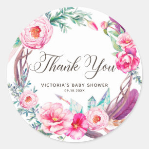Adesivo Redondo Obrigado da grinalda das peônias do rosa da