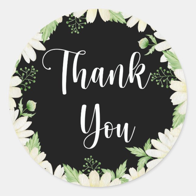 Adesivo Redondo Obrigado Daisy Flowers Black Classic Round Stick (Frente)