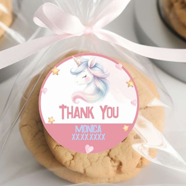 Adesivo Redondo Obrigado de aniversário de criança de unicórnio pa (Criador carregado)