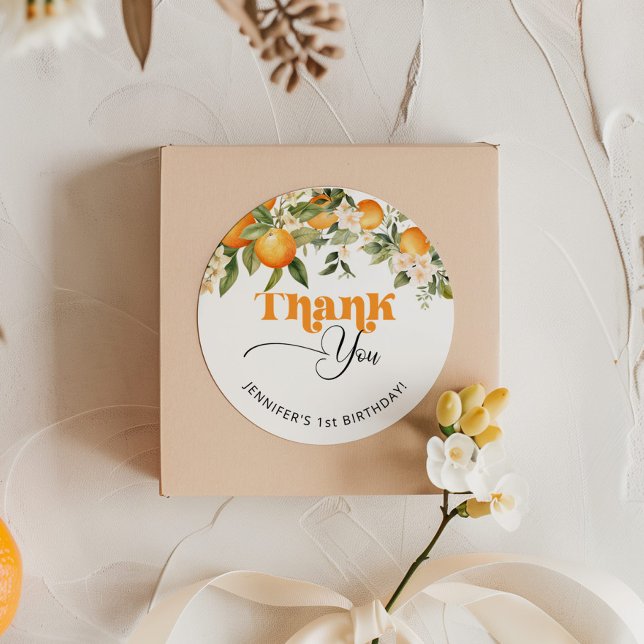 Adesivo Redondo Obrigado de aniversário de laranjas de citrinos pi (Criador carregado)