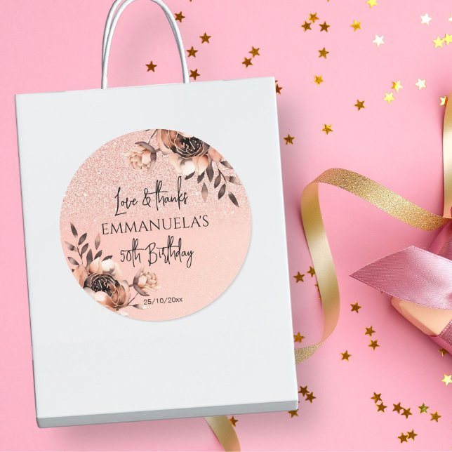 Adesivo Redondo Obrigado de aniversário de ouro negro e elegante,  (Elegant black rose gold birthday party thank you favor  stickers party favors 50th 60th 40th party)