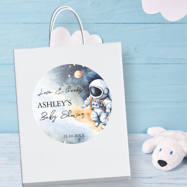 Adesivo Redondo Obrigado de astronauta externo a favor (Outer space astronaut baby shower thank you favor classic round sticker favor gift stickers)