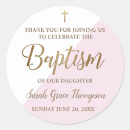 Adesivo Redondo Obrigado de batismo de menina rosa personalizada