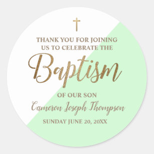 Adesivo Redondo Obrigado de batismo personalizado, verde-menta
