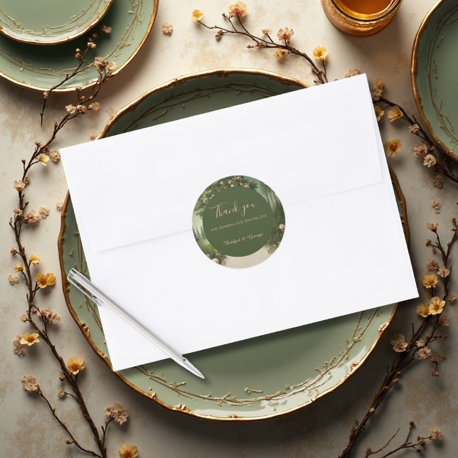 Adesivo Redondo obrigado de Casamento da Floresta Medieval Verde (Criador carregado)