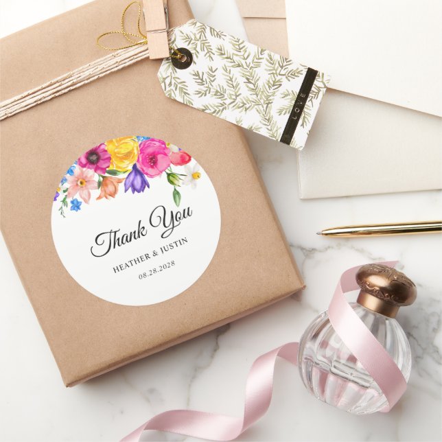 Adesivo Redondo Obrigado de casamento de flores silvestres brilhan (Presentear)