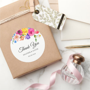Adesivo Redondo Obrigado de casamento de flores silvestres brilhan