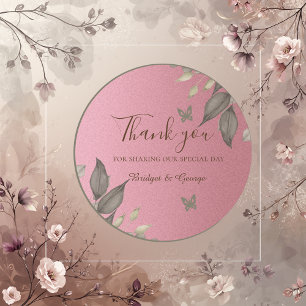 Adesivo Redondo Obrigado de Casamento de Folhagem de Glitter Rosa-