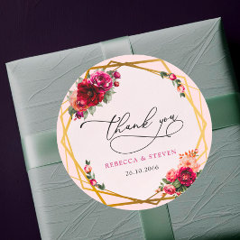 Adesivo Redondo Obrigado de casamento de ouro floral cor-de-rosa-v