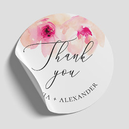 Adesivo Redondo Obrigado de casamento floral cor-de-rosa-d-água