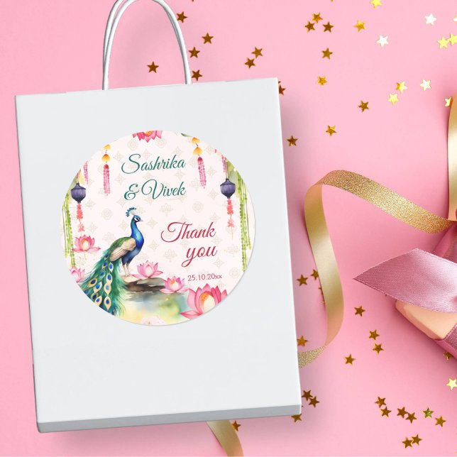 Adesivo Redondo Obrigado de casamento índia Peacock lotus você é a (Peacock lotus Indian wedding thank you favor gift Sticker thank you stickers wedding stickers)