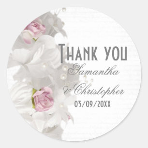 Adesivo Redondo Obrigado de casamento rosa rosa branco