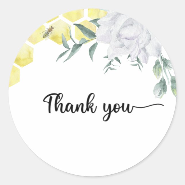 Adesivo Redondo Obrigado de chá de fraldas de abelhas (Frente)