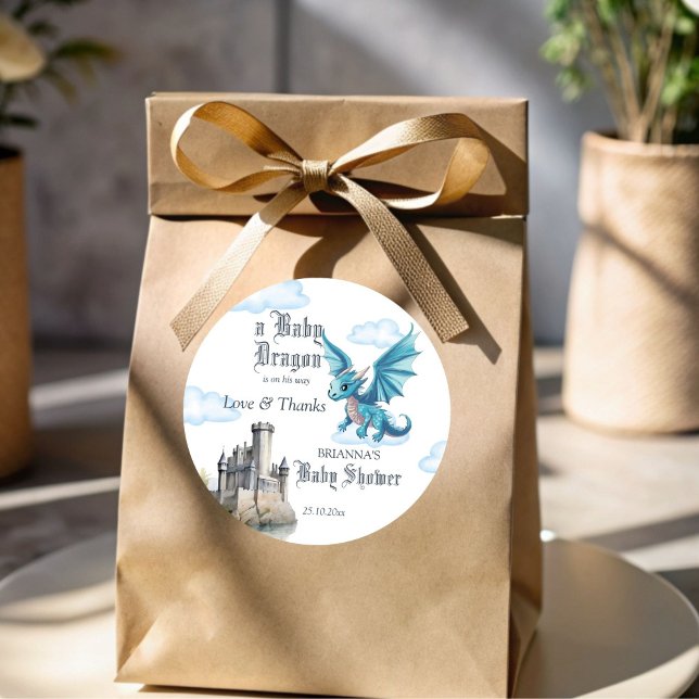 Adesivo Redondo Obrigado de chá de fraldas de dragão medieval (Medieval dragon baby shower thank you favor stickers cute blue dragon baby shower favor stickers)