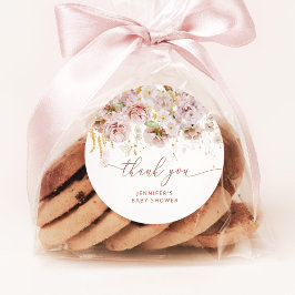 Adesivo Redondo Obrigado de chá de fraldas floral do Boho